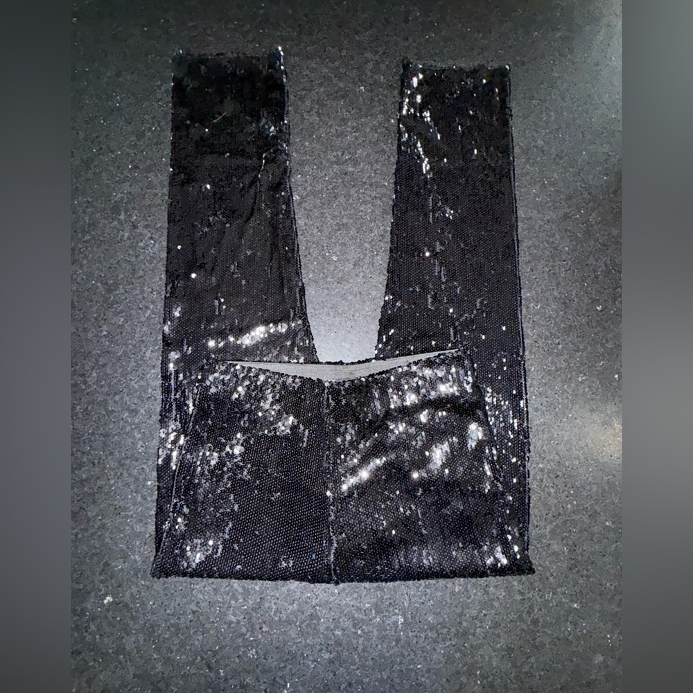 UEC ZARA BLACK EXTREME SEQUINS HIGH WAISTED PULL ON STRAIGHT LEG PANTS SZ L - Picture 7 of 13